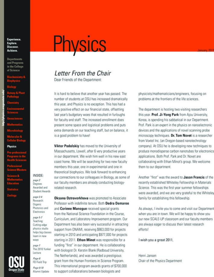 Cover for the 2010 Physics newsletter.