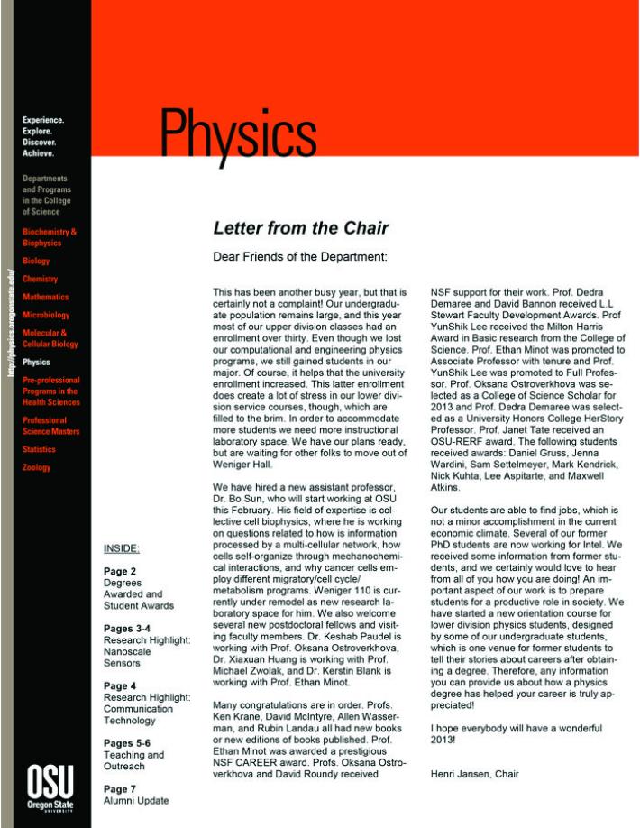 Cover for the 2012 Physics newsletter.