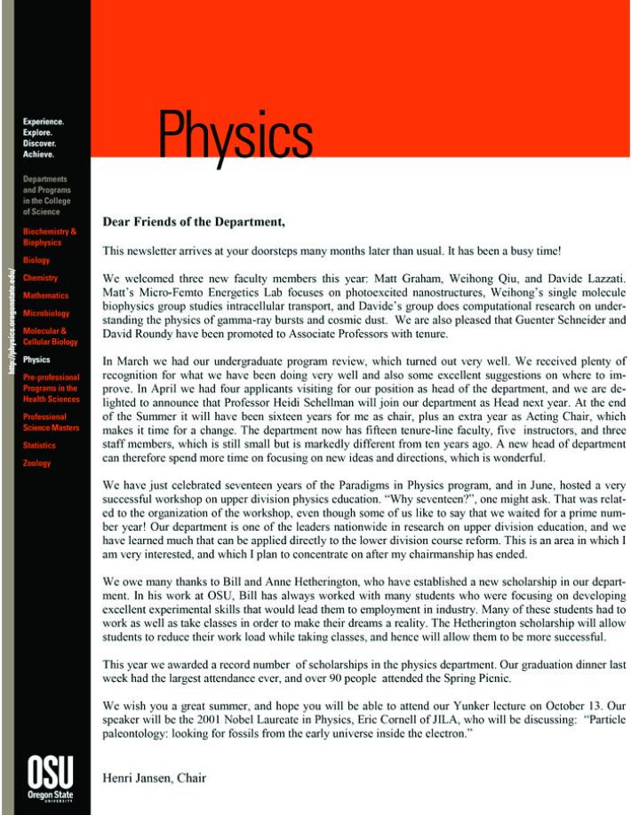 Cover for the 2014 Physics newsletter.